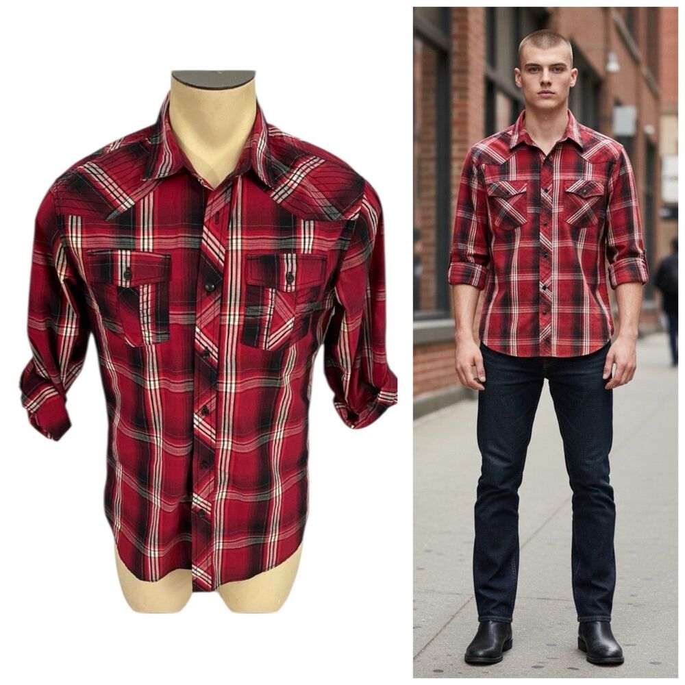 Rerun Shirt Mens Small Red Plaid Tab Long Sleeve Pockets Western Button Up Work